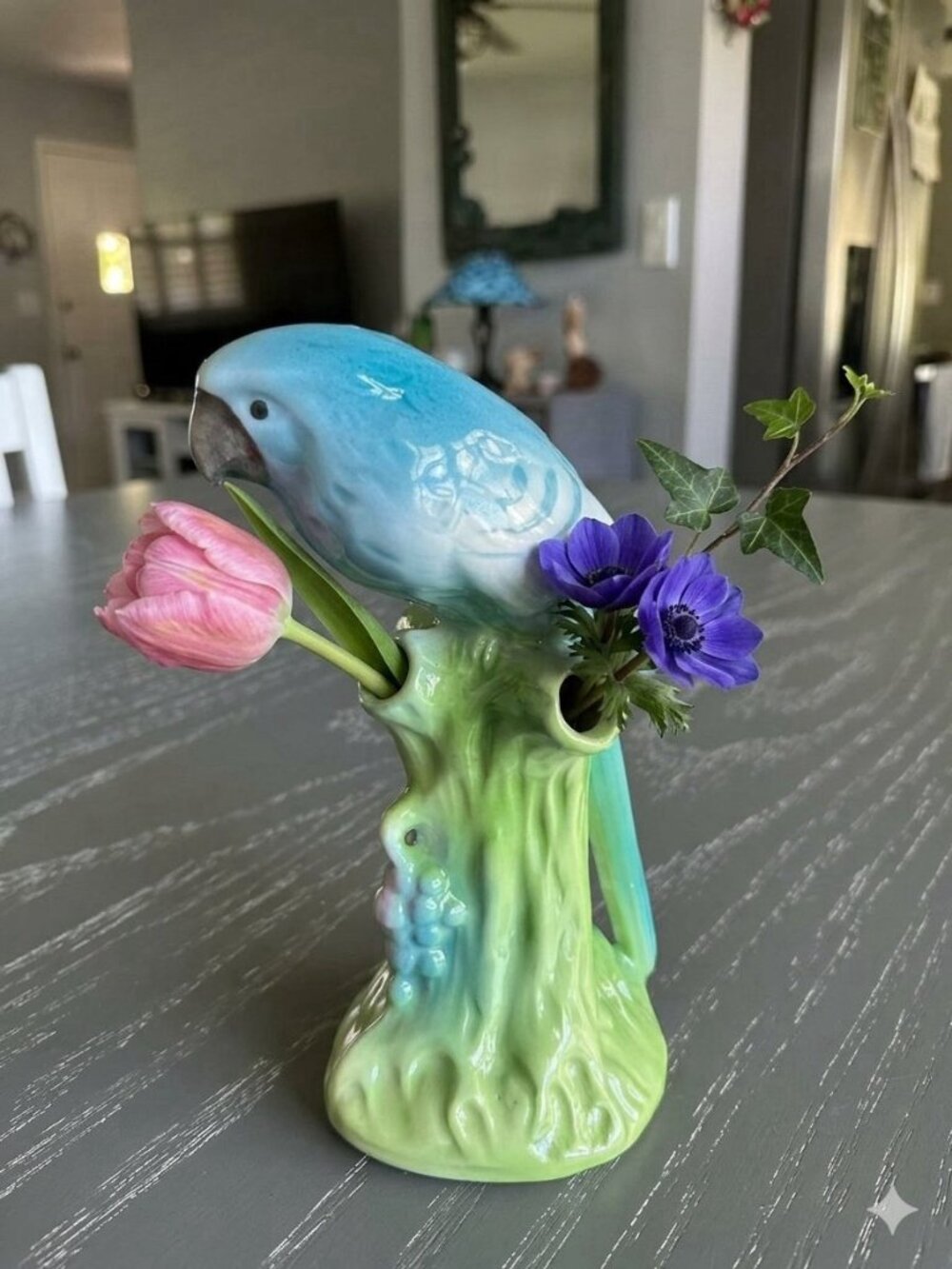 Vintage Blue Parrot Flower Frog Bud Vase Czechoslovakia Red Stamp 1930's 5.25"